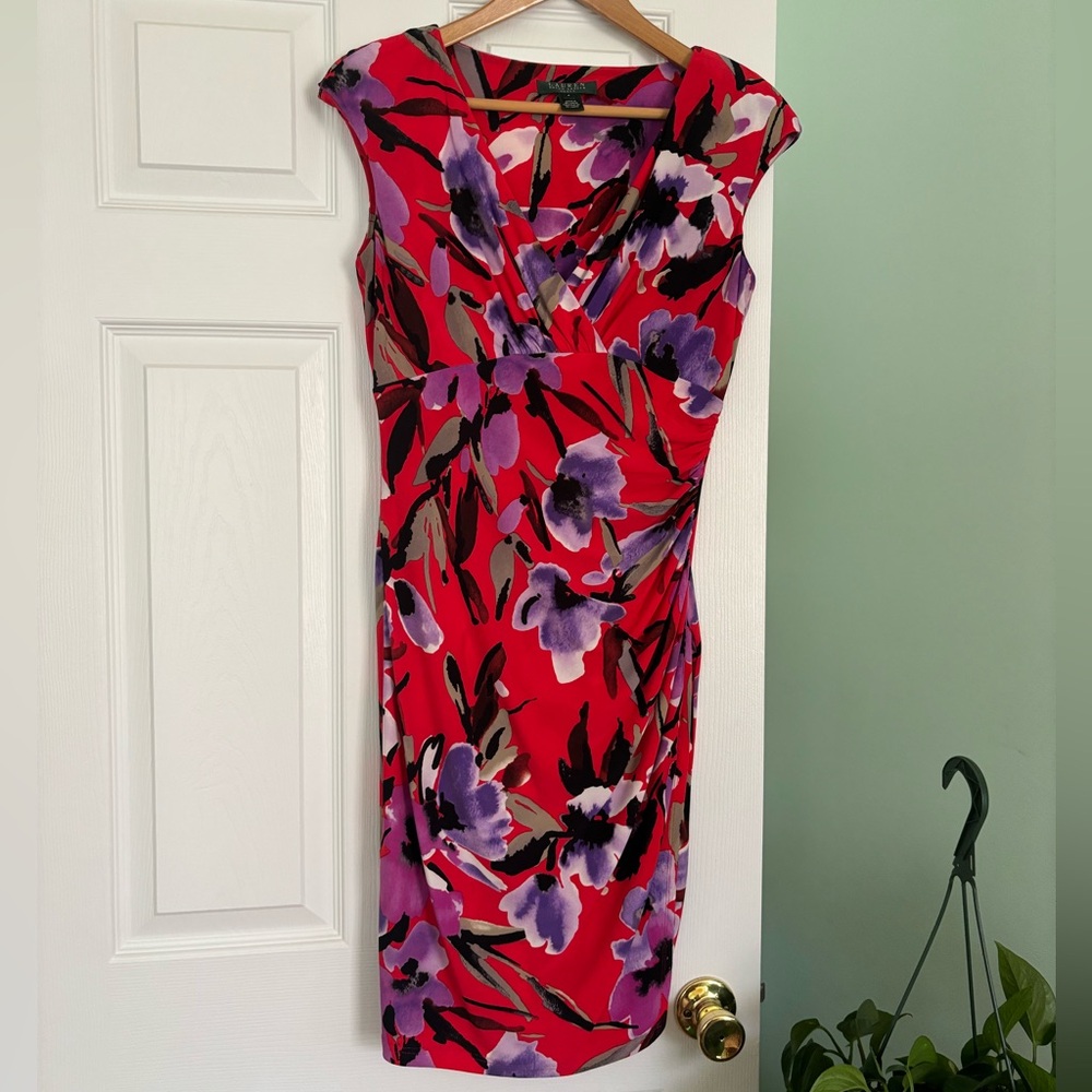 Lauren Ralph Lauren Red Midi Sheath Dress with V-Neck